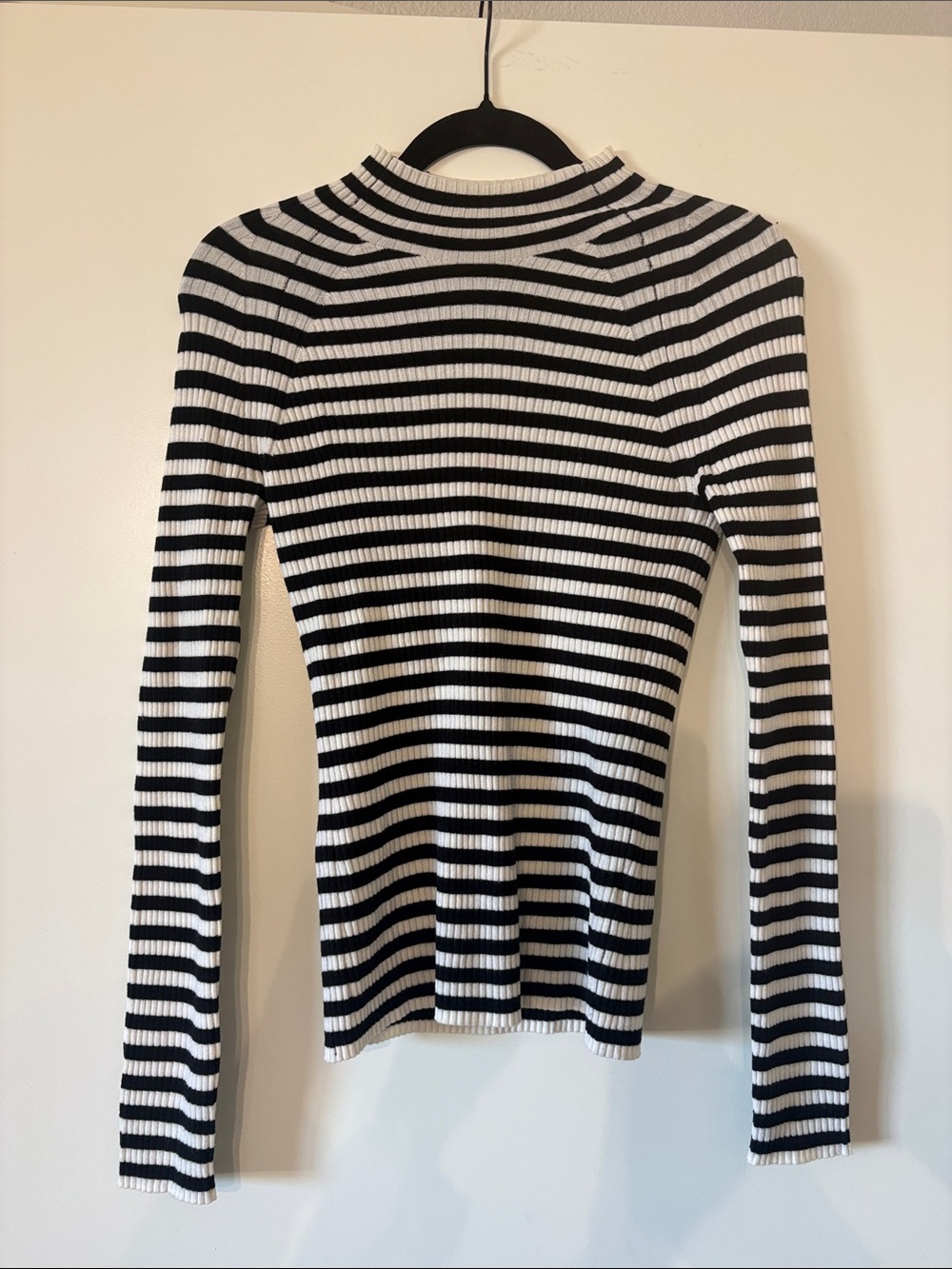 ME + EM Striped Ribbed Long-Sleeve Mock Neck Top - Black & White